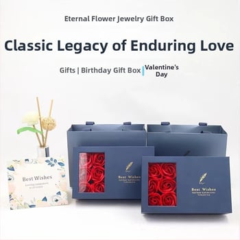 Rotaslietu iepakojuma kastīte kaklarotai un auskariem — papīra/kartona materiāls, iepakojuma veids: kastīte, iekļauj ziedu kastīti un apsveikuma kartiņu