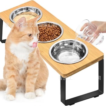 Suport din lemn pentru hrănirea animalelor de companie, suport din lemn masiv pentru hrană și apă pentru pisici, suport înclinat pentru bolul de hrană pentru pisici cu suport pentru gât