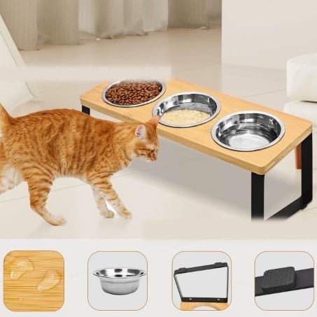 Suport din lemn pentru hrănirea animalelor de companie, suport din lemn masiv pentru hrană și apă pentru pisici, suport înclinat pentru bolul de hrană pentru pisici cu suport pentru gât