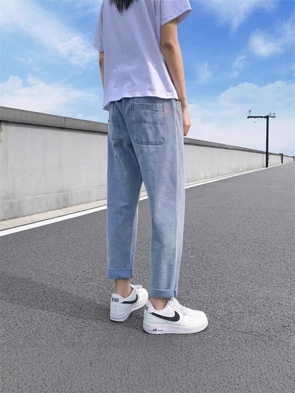 Vyriški džinsai, madingi tiesaus kirpimo pavasario/rudens/vasaros 2025 m., laisvo kirpimo, korėjietiško stiliaus, laisvalaikio ilgos kelnės.