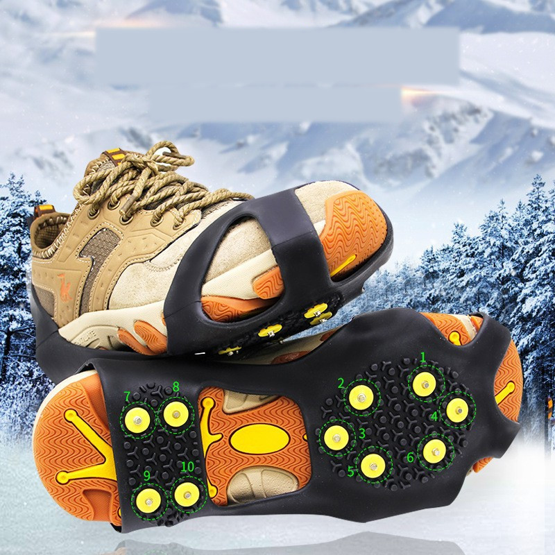 Трансгранични котки за сняг с 10 зъба, жълти шипове, противоплъзгащи се, устойчиви на износване, удебелени спортни котки за сняг