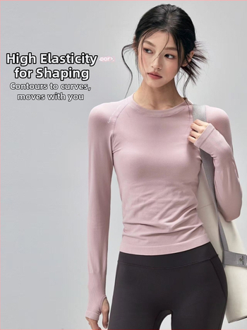 Magpie dlhé rukávy s okrúhlym výstrihom top na beh a jogu — 92% nylon / 8% spandex, bedrová dĺžka