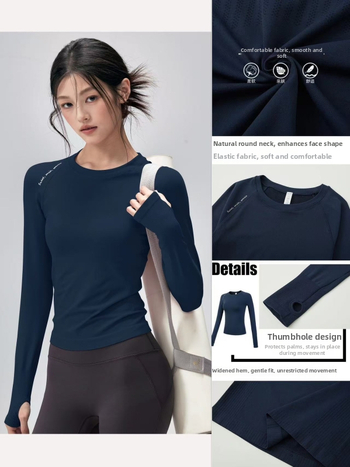 Magpie dlhé rukávy s okrúhlym výstrihom top na beh a jogu — 92% nylon / 8% spandex, bedrová dĺžka