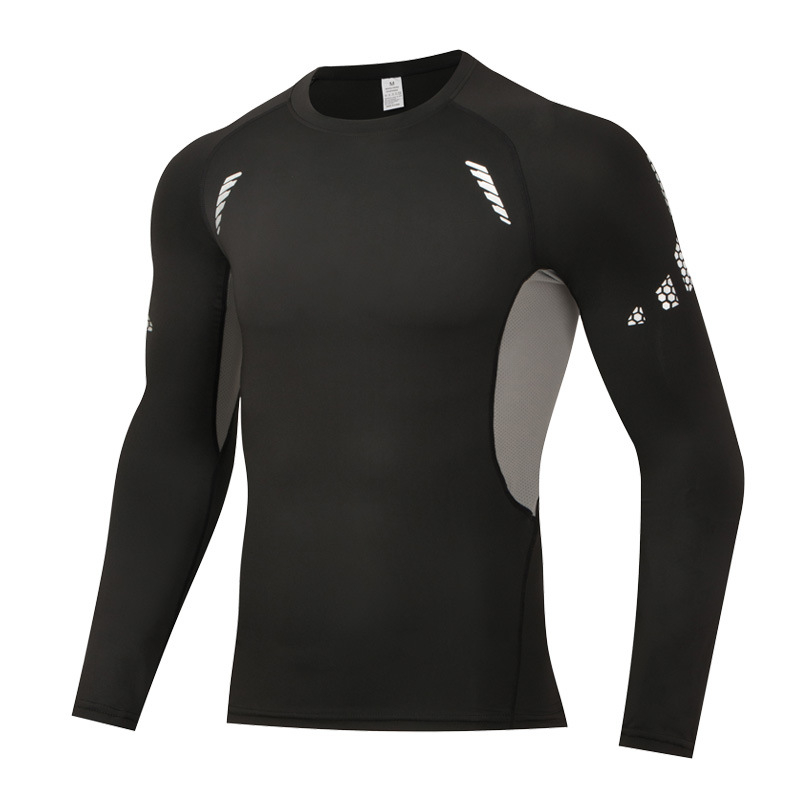 Férfi PRO fitnesz hosszú ujjú kompressziós felső, gyorsan száradó milk silk anyag, külső 90% poliészter / 10% spandex; belső 10% spandex; alkalmas kosárlabdára, futásra és jógára.
