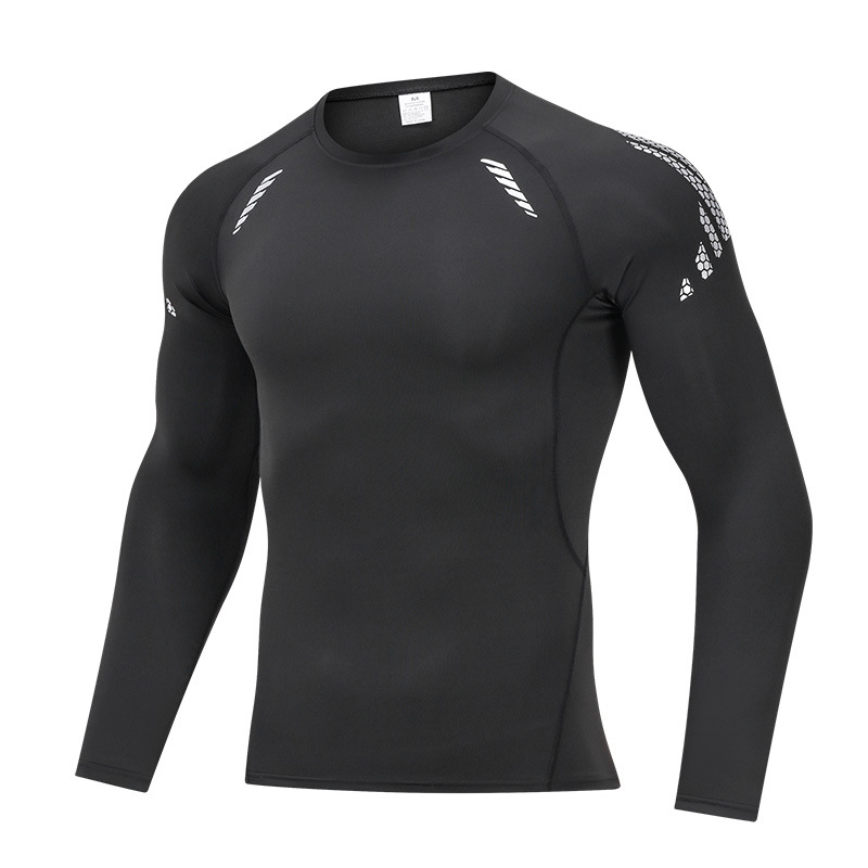 Férfi PRO fitnesz hosszú ujjú kompressziós felső, gyorsan száradó milk silk anyag, külső 90% poliészter / 10% spandex; belső 10% spandex; alkalmas kosárlabdára, futásra és jógára.
