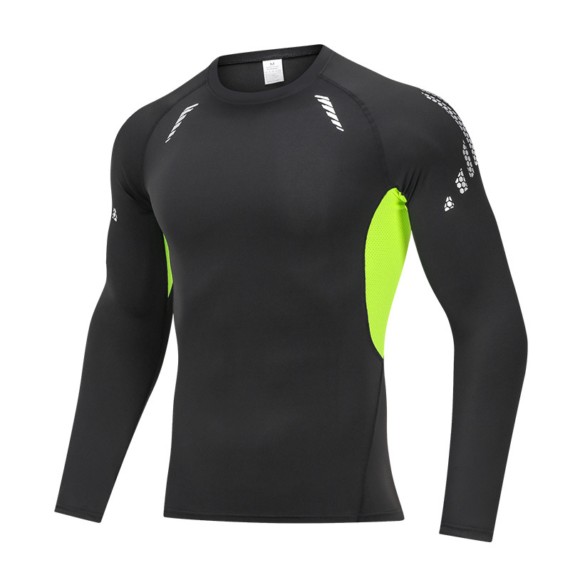 Férfi PRO fitnesz hosszú ujjú kompressziós felső, gyorsan száradó milk silk anyag, külső 90% poliészter / 10% spandex; belső 10% spandex; alkalmas kosárlabdára, futásra és jógára.