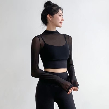 Női jóga felső – hamis kétrészes dizájn, karcsúsított szabás, hosszú ujjú, poliészter anyag