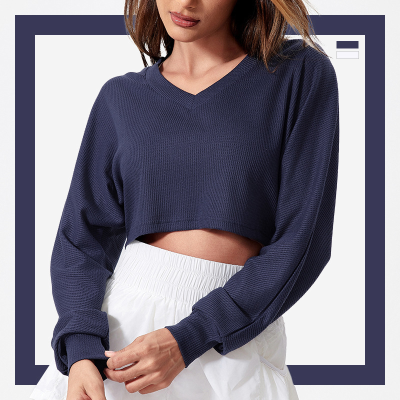 V-nyakú, lélegző jóga felső laza szabású hosszú ujjú, 97% poliészter és 3% spandex.