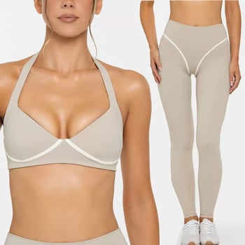 Комплект йога: потник без ръкави с халтер и подплънки за бюст; бързосъхнеща еластична материя; къс панталон за тренировки; състав 75% найлон + 25% спандекс