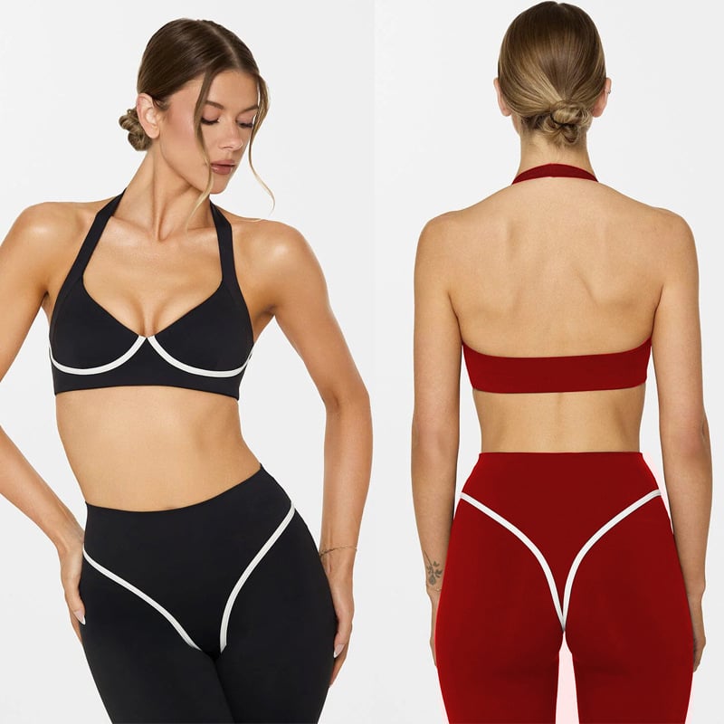 Комплект йога: потник без ръкави с халтер и подплънки за бюст; бързосъхнеща еластична материя; къс панталон за тренировки; състав 75% найлон + 25% спандекс