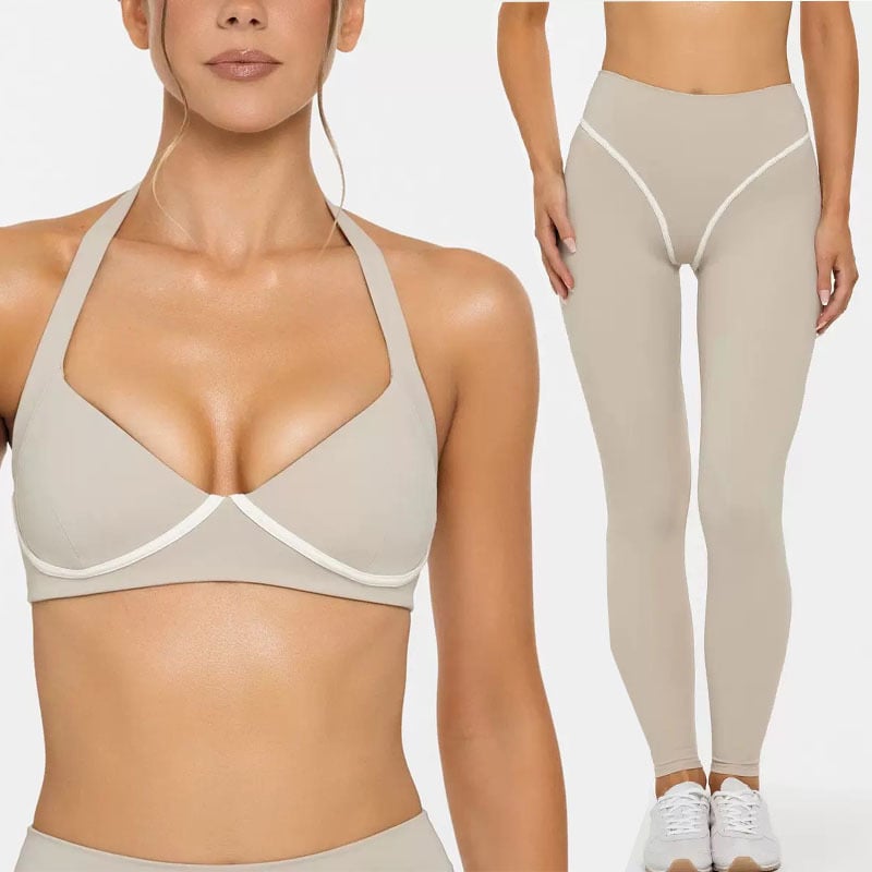 Комплект йога: потник без ръкави с халтер и подплънки за бюст; бързосъхнеща еластична материя; къс панталон за тренировки; състав 75% найлон + 25% спандекс