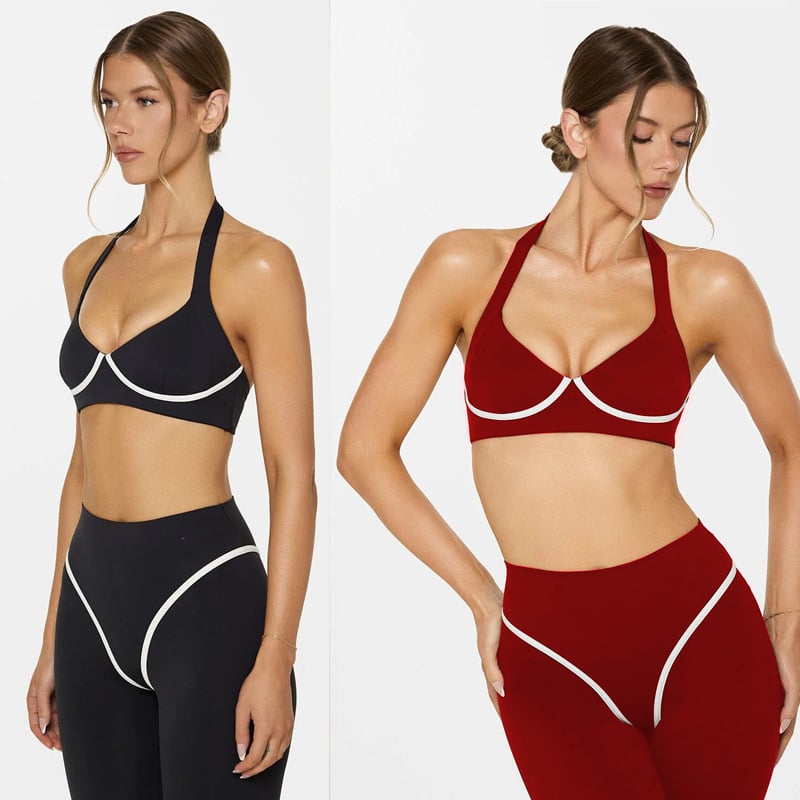 Комплект йога: потник без ръкави с халтер и подплънки за бюст; бързосъхнеща еластична материя; къс панталон за тренировки; състав 75% найлон + 25% спандекс