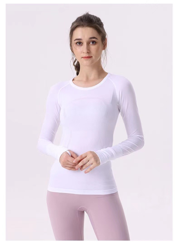 Varrásmentes, hosszú ujjú női jóga felső – csípőig érő hossz, testhez álló szabás, nylon anyag, elasztikusság