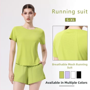 Naiste spordikomplekt: lühikeste käistega ülaosa ja ümmarguse kaelusega, lühikesed püksid; materjal 88% nailon, 12% spandex; suvine komplekt jooksmiseks, jõusaalile, badmintonile