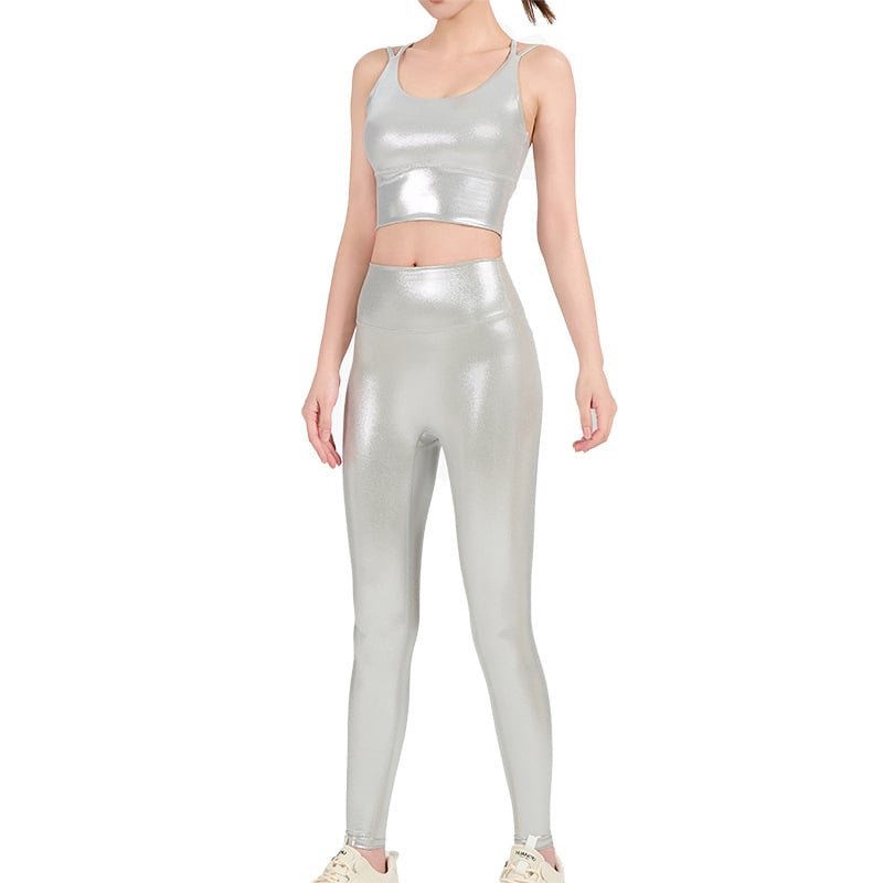 Комплект за йога без ръкави с кръстосани презрамки и висока талия за повдигане на седалището, подплатена горна част, 80% найлон / 20% спандекс