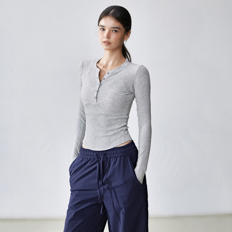 Női hosszúujjú Henley felső jóga – karcsú szabás, 95% viszkóz keverék, 5% spandex bélés, téli, tavaszi és őszre