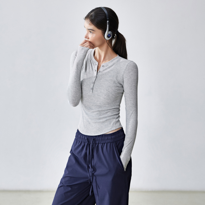 Női hosszúujjú Henley felső jóga – karcsú szabás, 95% viszkóz keverék, 5% spandex bélés, téli, tavaszi és őszre