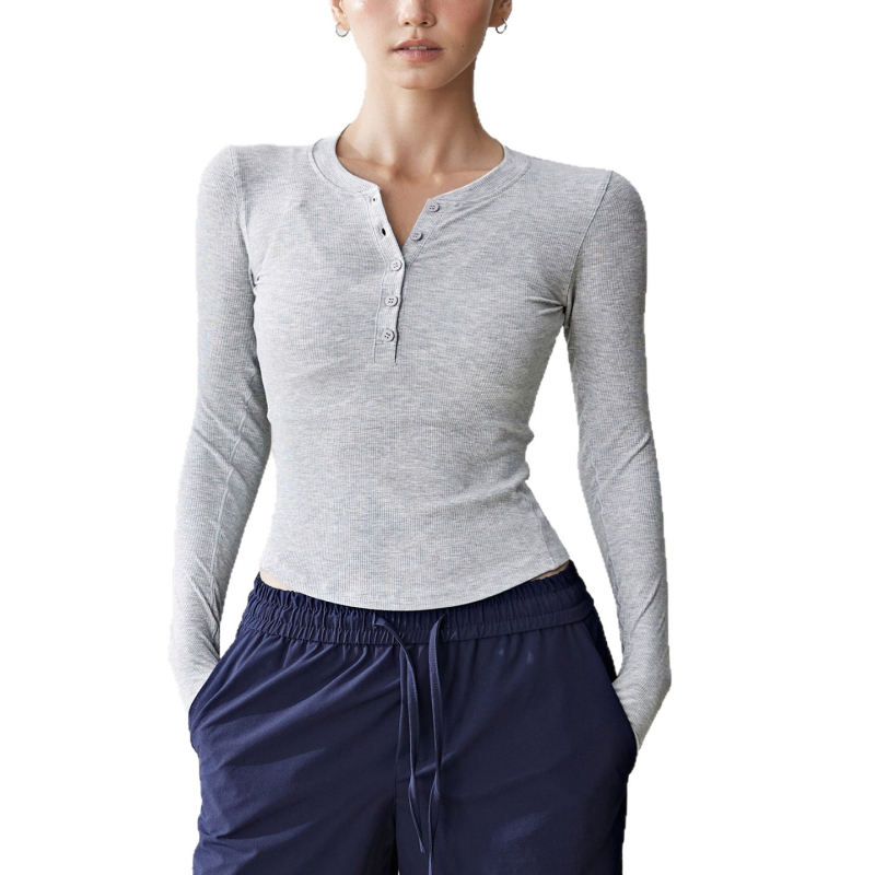 Női hosszúujjú Henley felső jóga – karcsú szabás, 95% viszkóz keverék, 5% spandex bélés, téli, tavaszi és őszre