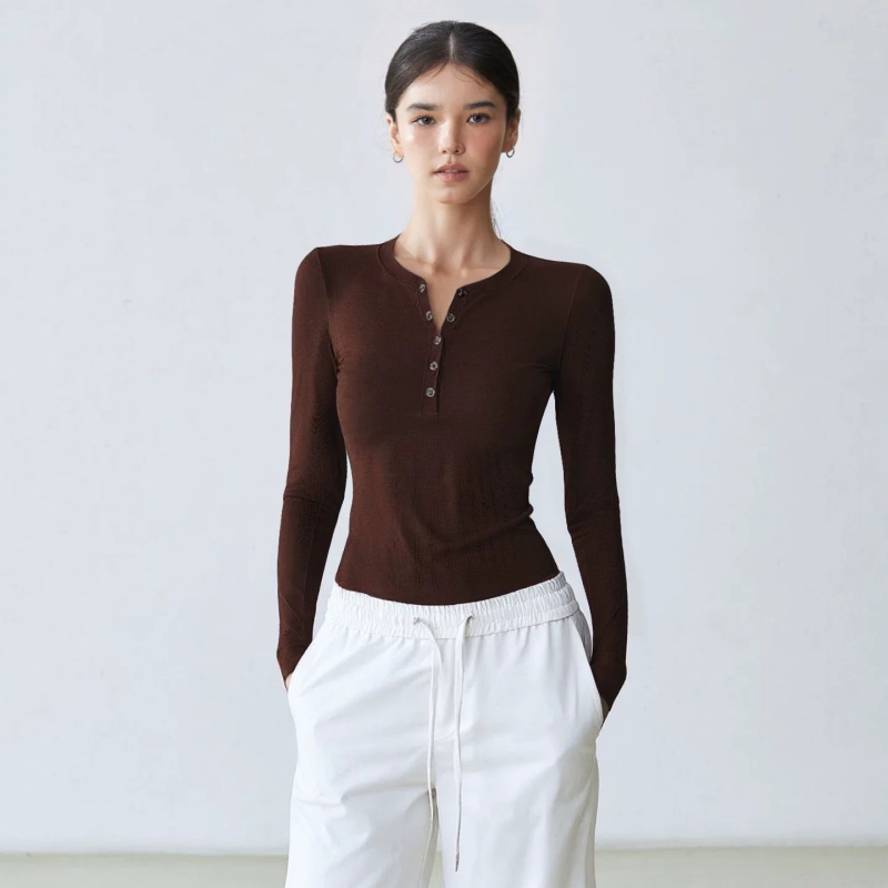 Női hosszúujjú Henley felső jóga – karcsú szabás, 95% viszkóz keverék, 5% spandex bélés, téli, tavaszi és őszre