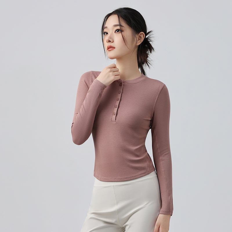 Női hosszúujjú Henley felső jóga – karcsú szabás, 95% viszkóz keverék, 5% spandex bélés, téli, tavaszi és őszre