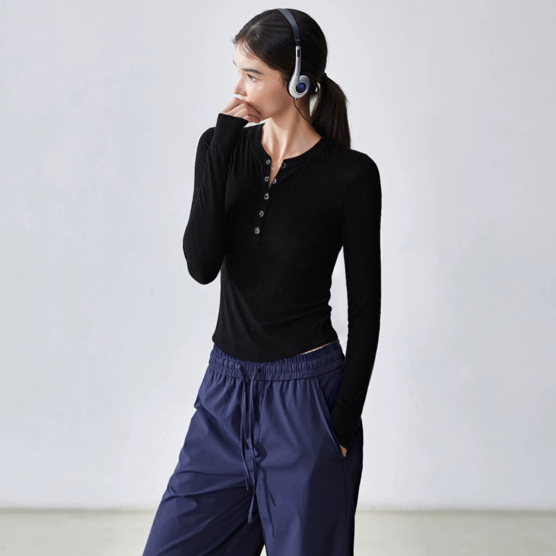 Női hosszúujjú Henley felső jóga – karcsú szabás, 95% viszkóz keverék, 5% spandex bélés, téli, tavaszi és őszre