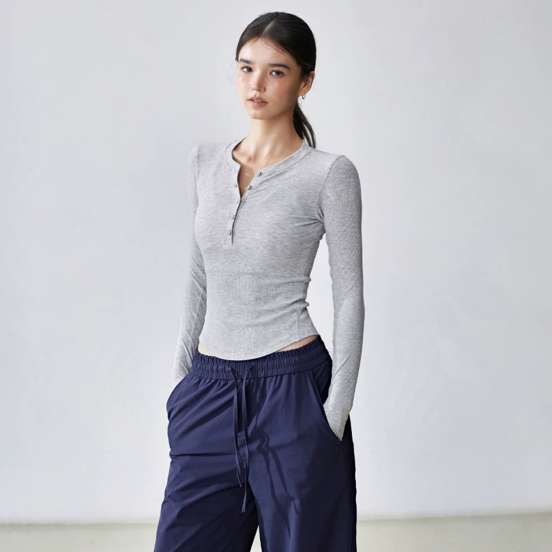 Női hosszúujjú Henley felső jóga – karcsú szabás, 95% viszkóz keverék, 5% spandex bélés, téli, tavaszi és őszre