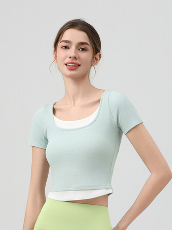 Jóga felső U-nyakú, rövid ujjú, karcsú szabás, derék hossz, lélegző viszkóz (92% viszkóz, 8% spandex)