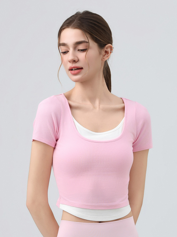 Jóga felső U-nyakú, rövid ujjú, karcsú szabás, derék hossz, lélegző viszkóz (92% viszkóz, 8% spandex)