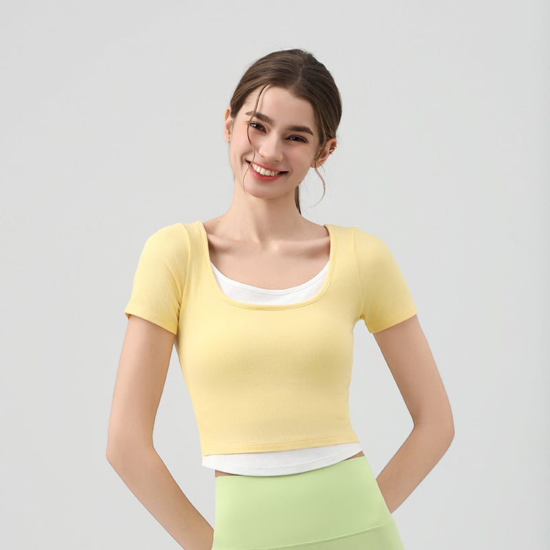 Jóga felső U-nyakú, rövid ujjú, karcsú szabás, derék hossz, lélegző viszkóz (92% viszkóz, 8% spandex)