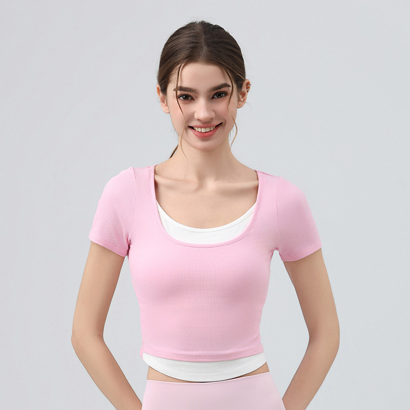 Jóga felső U-nyakú, rövid ujjú, karcsú szabás, derék hossz, lélegző viszkóz (92% viszkóz, 8% spandex)