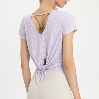 Ženska kratka majica za jogu – brzo se suši, prozračna, udoban labav kroj; tkanina: nylon jacquard; 88% nylon + 12% spandex; slobodan kroj