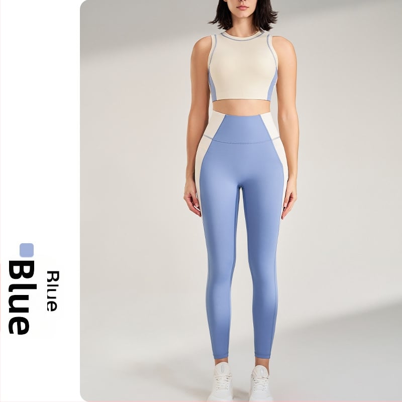 Välistingimustes spordikomplekt: kiiresti kuivatuv ülaosa ilma varrukateta ümmarguse kaelusega ja sisemine tank, devyni punkti pikkusega püksid, Lycra/Nailon kangas (75% Nylon), naistele