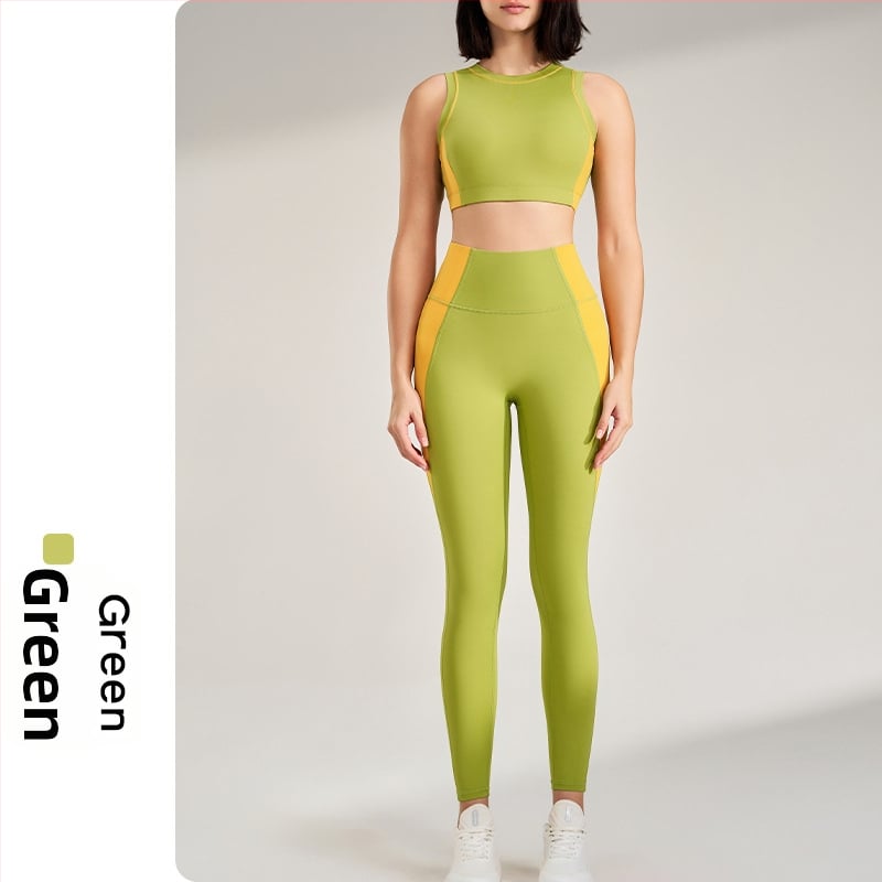 Välistingimustes spordikomplekt: kiiresti kuivatuv ülaosa ilma varrukateta ümmarguse kaelusega ja sisemine tank, devyni punkti pikkusega püksid, Lycra/Nailon kangas (75% Nylon), naistele