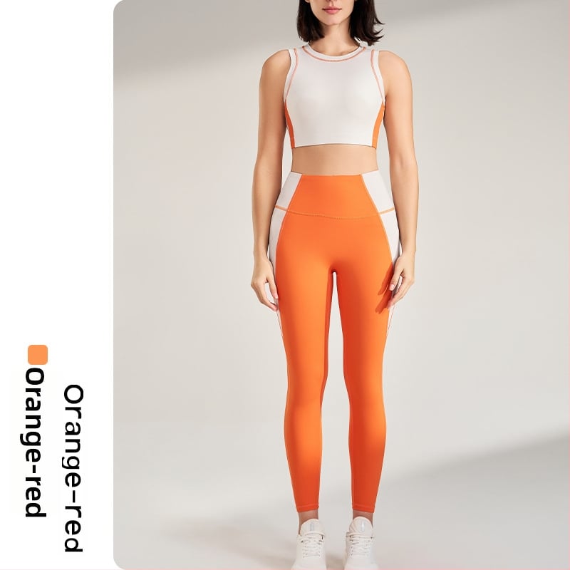 Välistingimustes spordikomplekt: kiiresti kuivatuv ülaosa ilma varrukateta ümmarguse kaelusega ja sisemine tank, devyni punkti pikkusega püksid, Lycra/Nailon kangas (75% Nylon), naistele