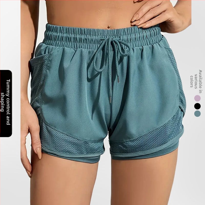 Dámske jogové fitness šortky, dĺžka 3 body, dizajn falošnej dvopodlažnej spodnej časti, 95% polyester, 5% spandex, Sea Rhyme, leto 2024