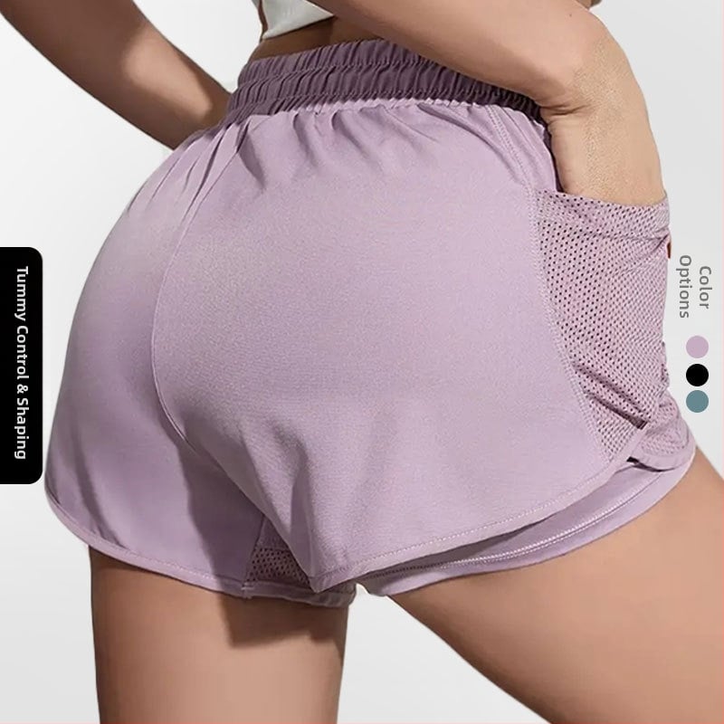 Dámske jogové fitness šortky, dĺžka 3 body, dizajn falošnej dvopodlažnej spodnej časti, 95% polyester, 5% spandex, Sea Rhyme, leto 2024