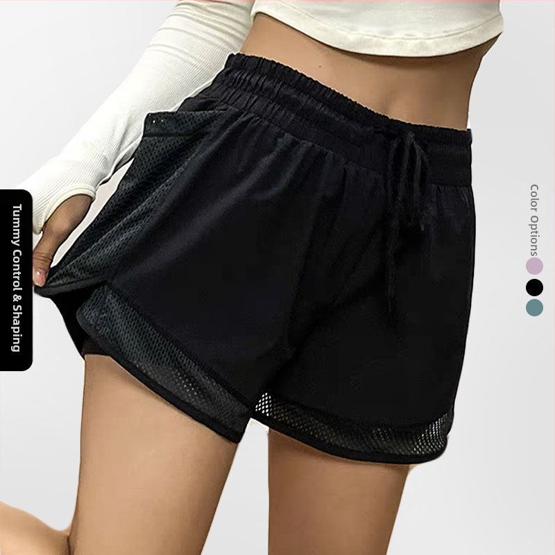 Női jóga-fitnessz rövidnadrág, 3 pontos hossz, hamis két részes alsó dizájn, 95% poliészter / 5% spandex, Sea Rhyme, nyár 2024