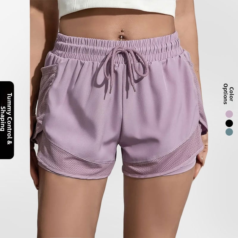 Női jóga-fitnessz rövidnadrág, 3 pontos hossz, hamis két részes alsó dizájn, 95% poliészter / 5% spandex, Sea Rhyme, nyár 2024