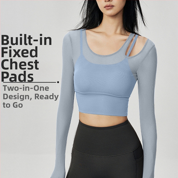 Női jóga felső beépített melltartóval, hosszú ujjú, szoros, nejlon-Spandex keverék