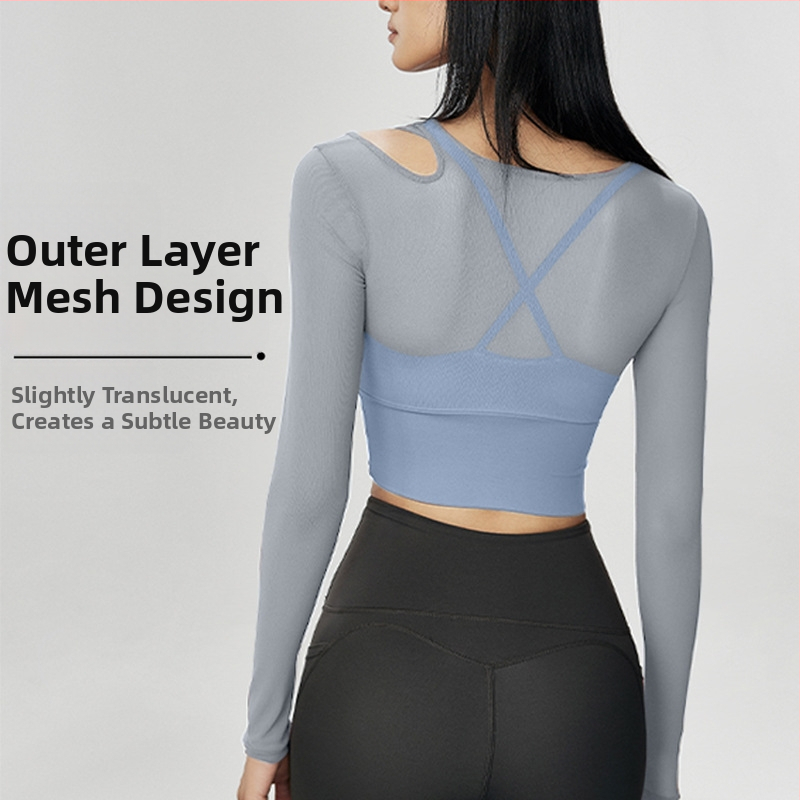 Női jóga felső beépített melltartóval, hosszú ujjú, szoros, nejlon-Spandex keverék