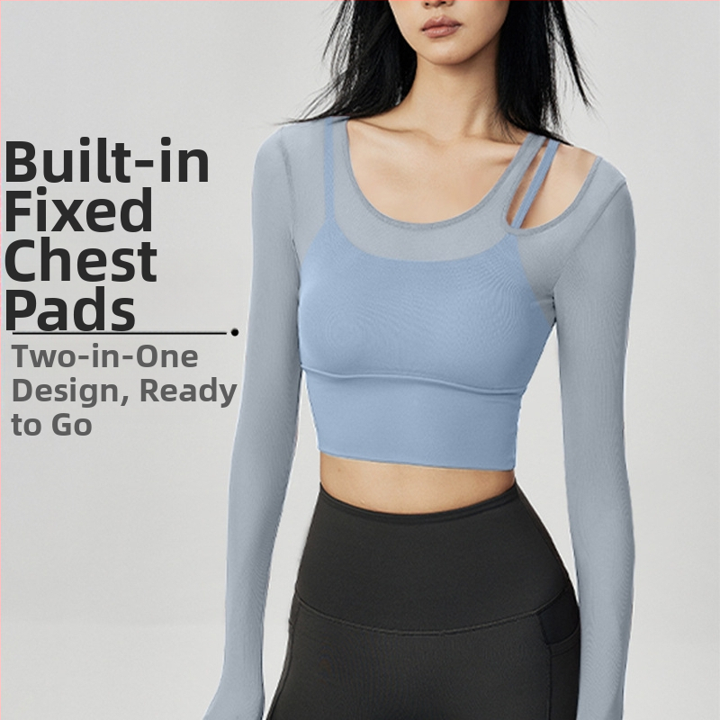 Női jóga felső beépített melltartóval, hosszú ujjú, szoros, nejlon-Spandex keverék
