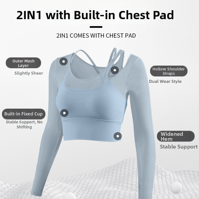 Női jóga felső beépített melltartóval, hosszú ujjú, szoros, nejlon-Spandex keverék