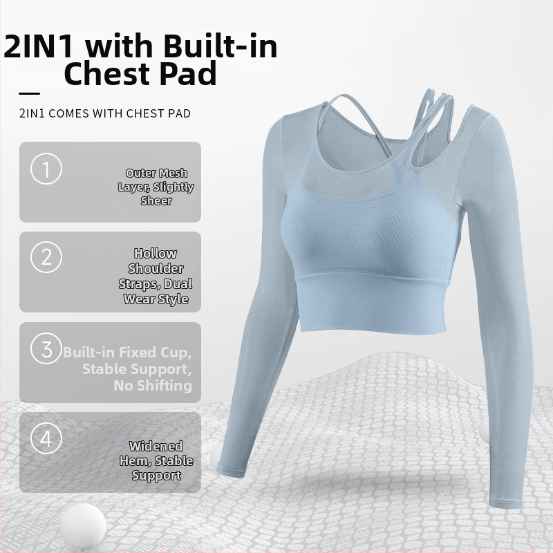 Női jóga felső beépített melltartóval, hosszú ujjú, szoros, nejlon-Spandex keverék