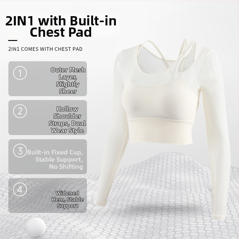 Női jóga felső beépített melltartóval, hosszú ujjú, szoros, nejlon-Spandex keverék