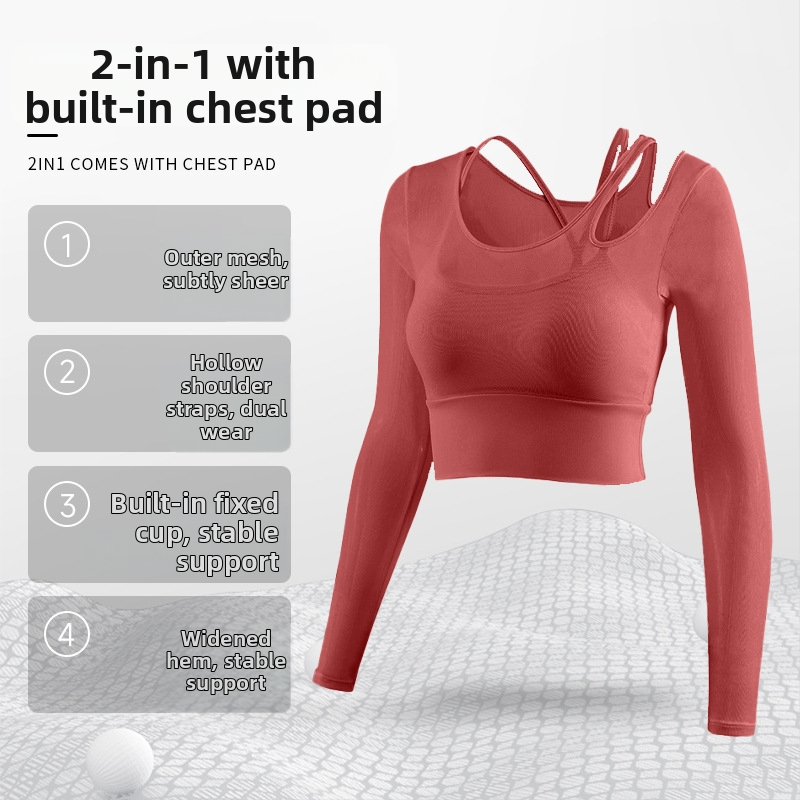 Női jóga felső beépített melltartóval, hosszú ujjú, szoros, nejlon-Spandex keverék