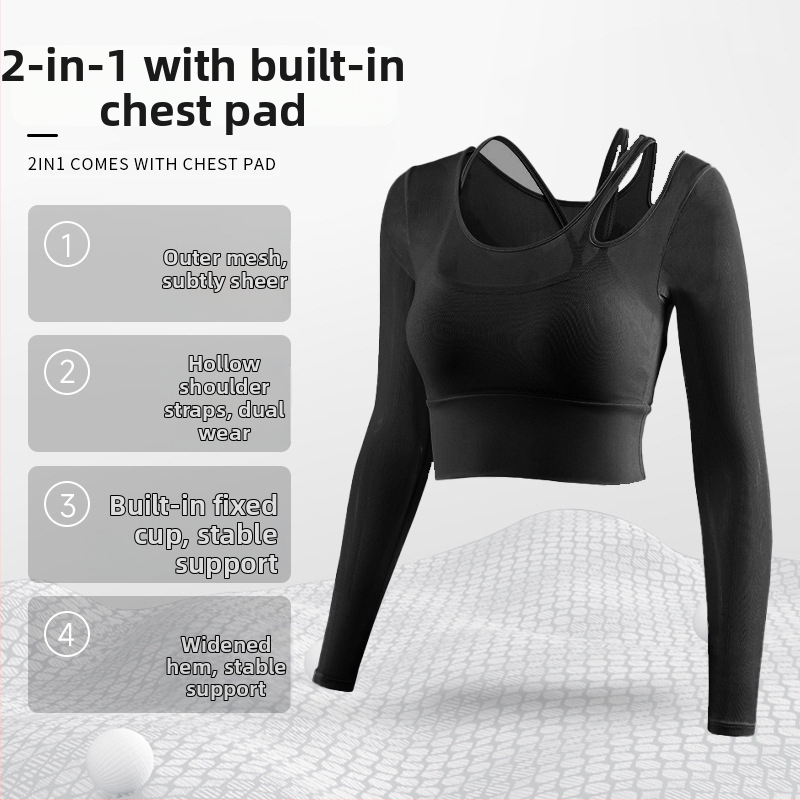 Női jóga felső beépített melltartóval, hosszú ujjú, szoros, nejlon-Spandex keverék