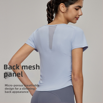 Tricou yoga cu panou din plasă pe spate – mâneci scurte, protecție UV, jerseu poliuretan, 85% poliester 15% spandex