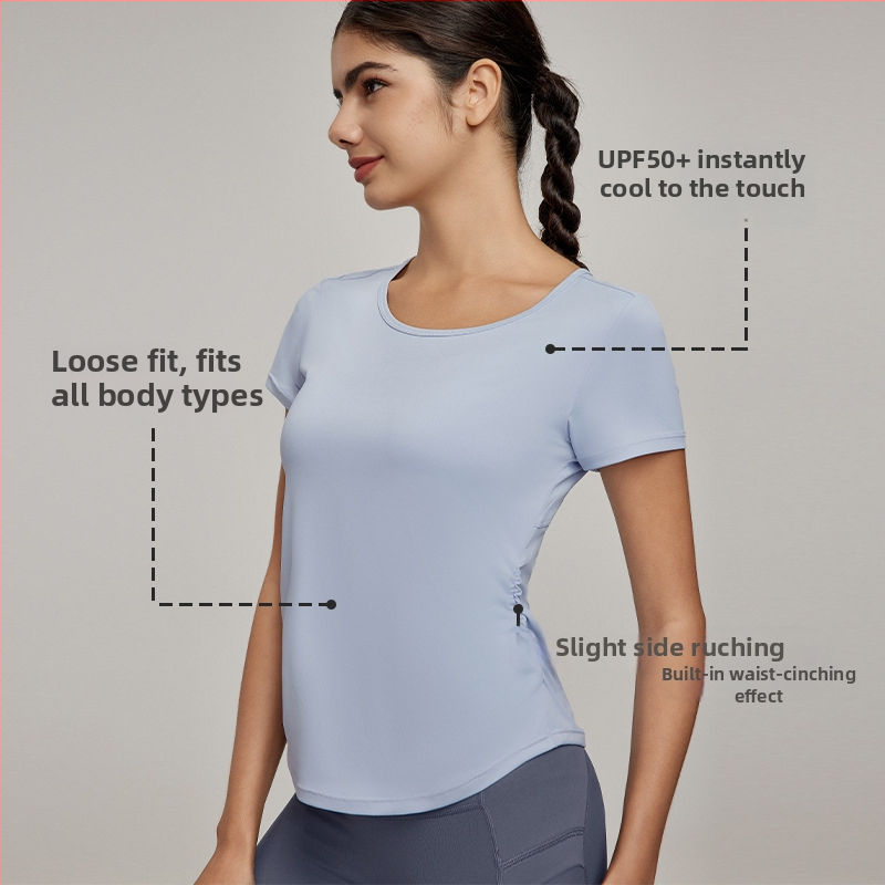 Tricou yoga cu panou din plasă pe spate – mâneci scurte, protecție UV, jerseu poliuretan, 85% poliester 15% spandex