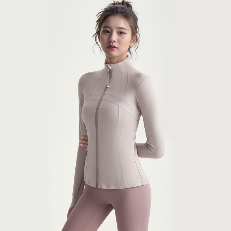 Női jóga dzseki hosszú ujjú, álló gallérral, normál hosszúságú, nylon anyag, melegítő és formázó