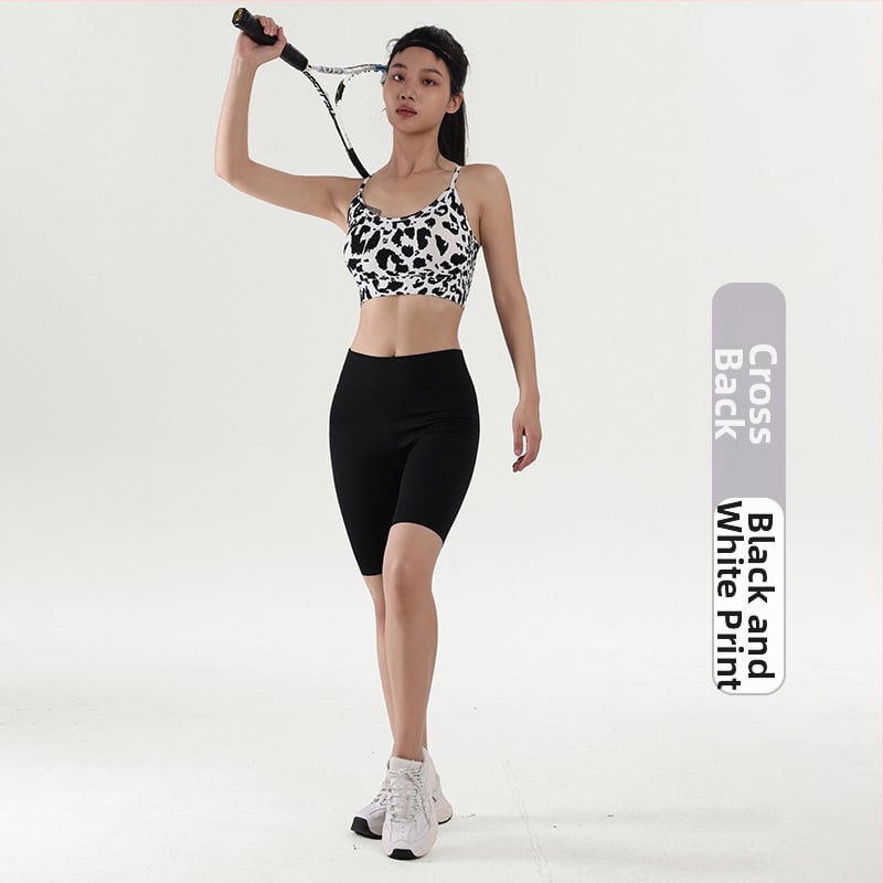 Varrás nélküli leopard mintás sport-top – hát nélküli, levehető dupla vállpántok, levehető párnák